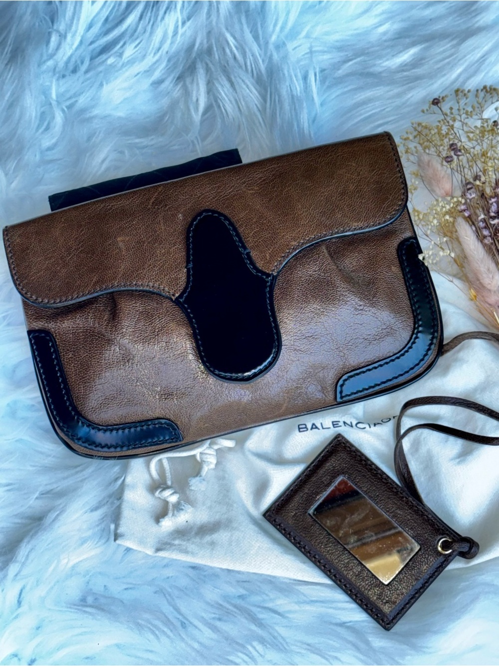 Balenciaga Brown and Black Leather Clutch with Mirror and Dust Bag EUC